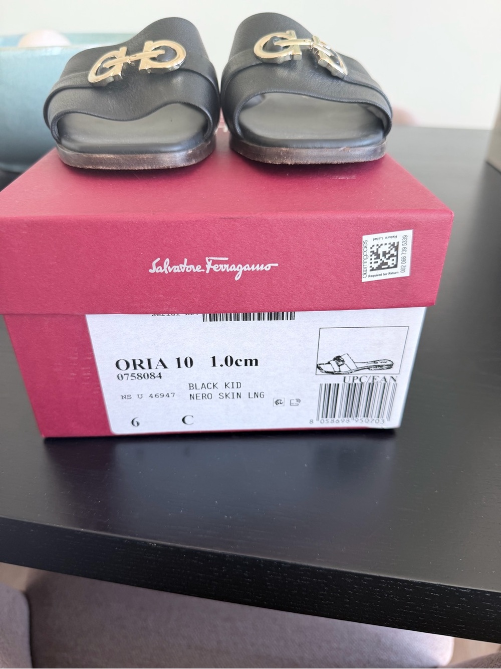 Salvatore Ferragamo Black Leather Gold-Logo Slide Sandals